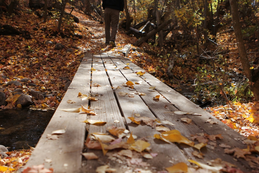 a person walking across a wooden bridge in the woods