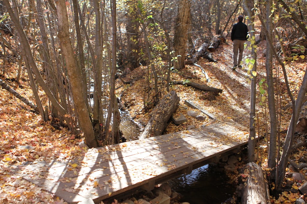 a person walking across a wooden bridge in the woods