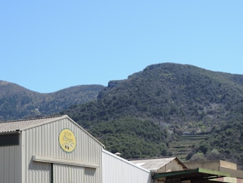 A large industrial building sits in front of a backdrop of rolling green hills under a clear blue sky. The building features a sign with the name 'Le Brin d'Olivier'. The mountainous terrain is covered in trees and vegetation, creating a serene natural setting.