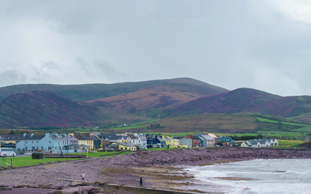 a group of houses sitting on top of a lush green hillside