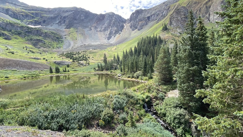 a small lake surrounded by trees and mountains