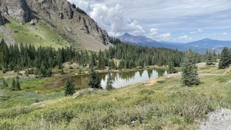 A serene mountain landscape features a reflective pond surrounded by lush greenery and sparse pine trees. A rocky cliff rises to the left, while distant mountains are visible under a partly cloudy sky.