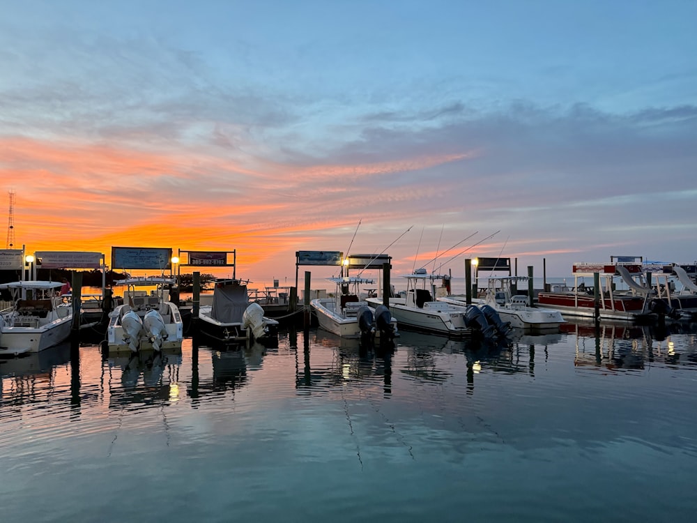 a group of boats sitting in a harbor at sunset