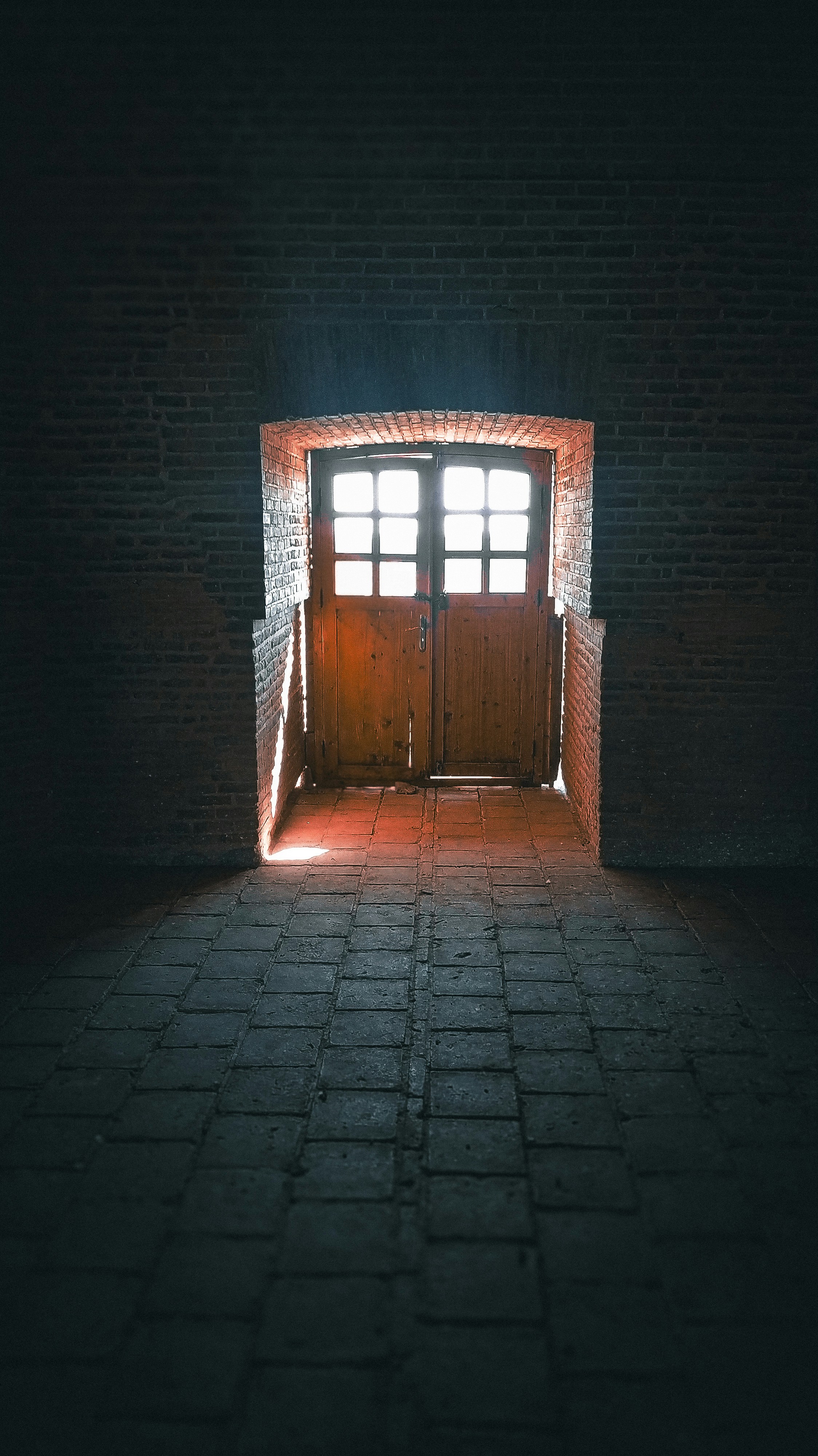 a dark room with a brick wall and a wooden door