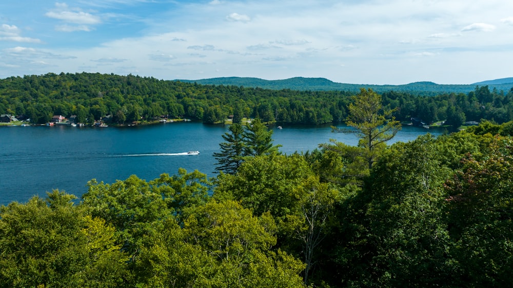 a lake surrounded by trees with a boat in the water