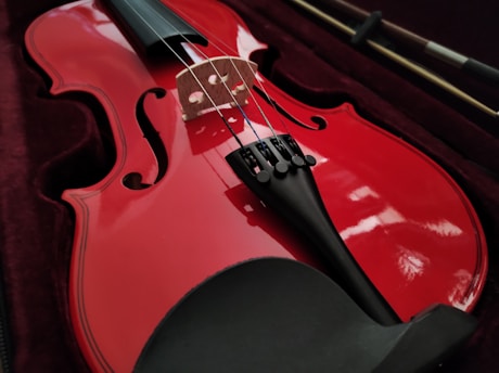 A red violin is resting in a dark velvet-lined case. The strings and fine-tuners are visible, highlighting the instrument's glossy finish. The bow is placed beside the violin.