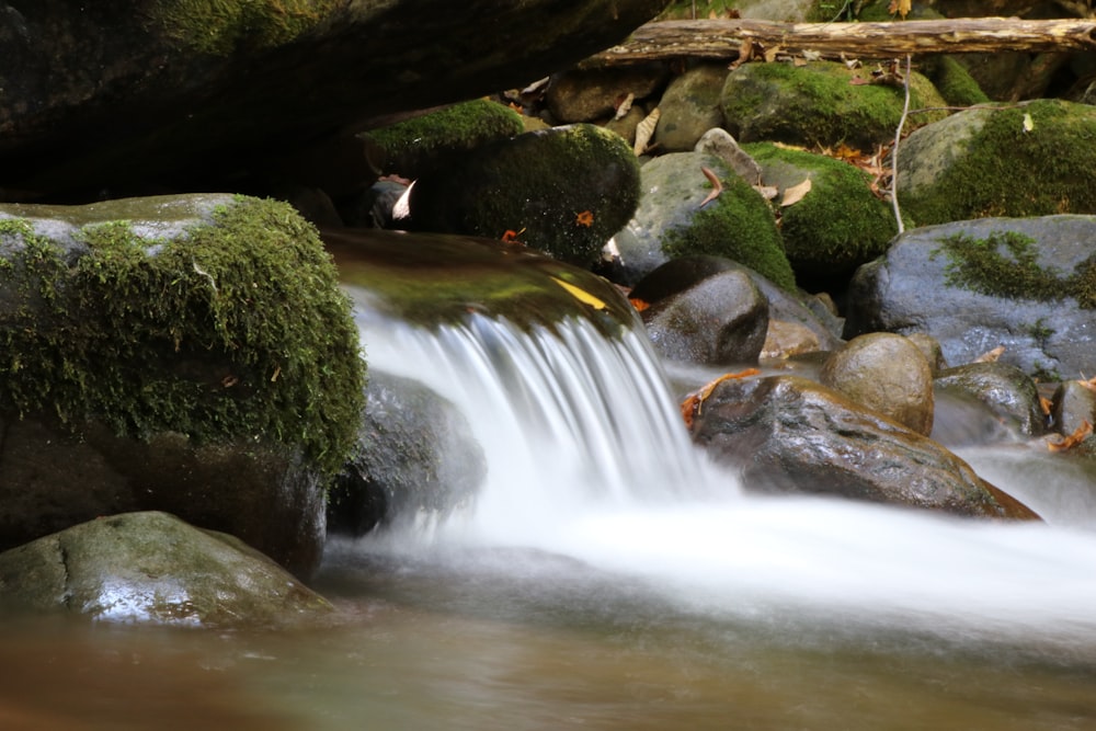 a stream of water running over rocks covered in moss