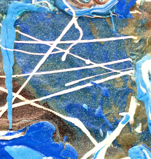 A vibrant abstract painting by Aileen Murphy featuring swirling blues and greens.