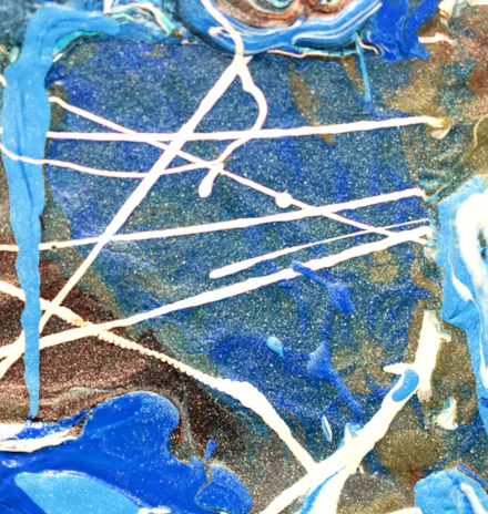 A vibrant abstract painting by Aileen Murphy featuring swirling blues and greens.