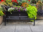 Sleek metal frame patio bench surrounded by blooming garden flowers