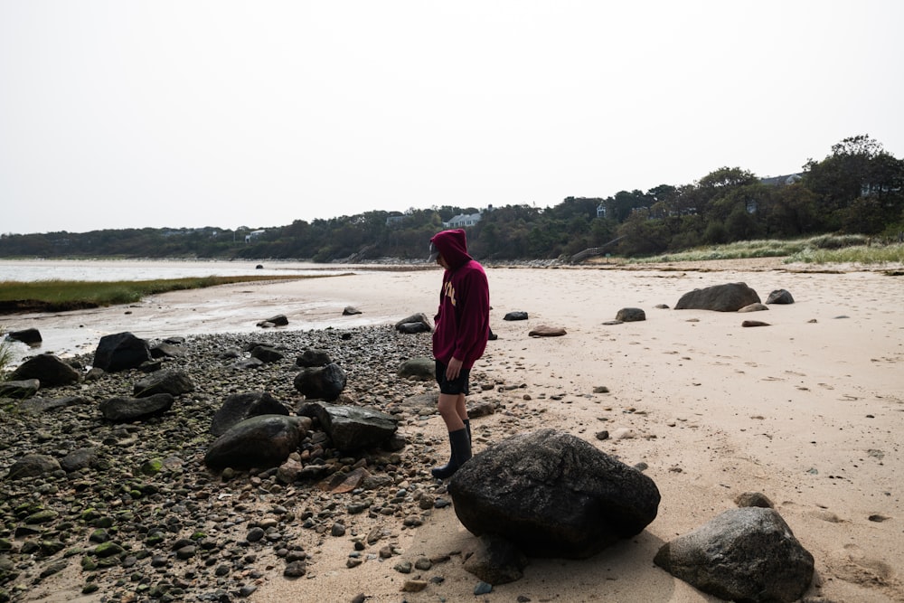 a person standing on a beach next to some rocks