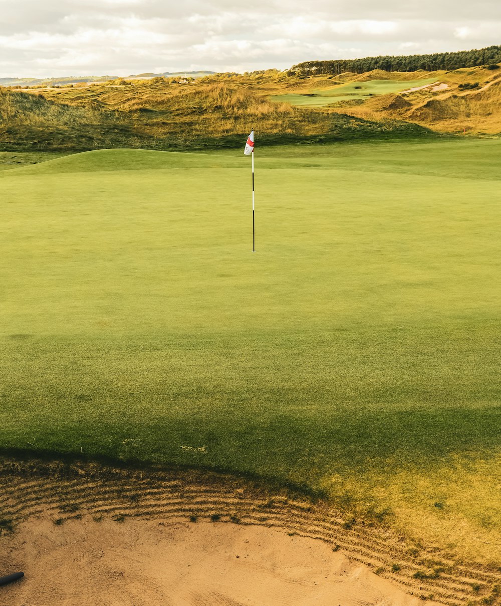 a golf green with a flag on it