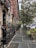 A city street lined with historic brownstone buildings on one side, featuring decorative iron railings and steps leading to entrances. Trees line the sidewalk, and a parked white car is visible. The pavement is wet, suggesting recent rain, and there are patches of greenery and potted plants along the sidewalk.