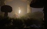 A mysterious figure clad in a hooded cloak holds a glowing torch, illuminating a foggy landscape filled with giant mushrooms and dense shrubs. The night sky is speckled with stars, adding a sense of wonder and magic to the scene.