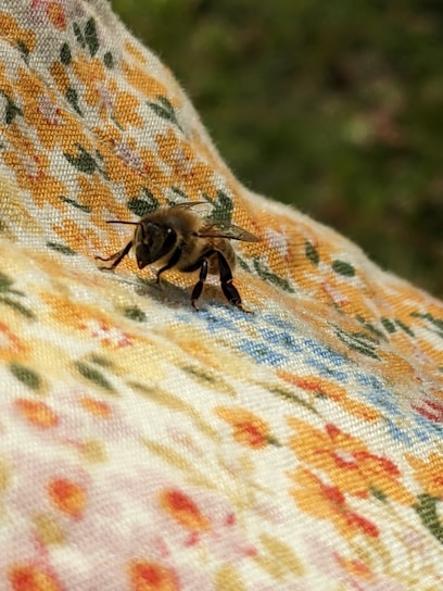 Close-up of a handcrafted bee logo embroidered on a soft, luxurious fabric.