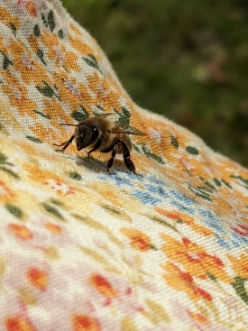 A bee is resting on a piece of fabric with a floral pattern. The fabric has a variety of colors, including yellow, orange, and green, creating an intricate and colorful background. The bee's details, such as its wings and legs, are visible in close-up, emphasizing its small size against the textured surface.