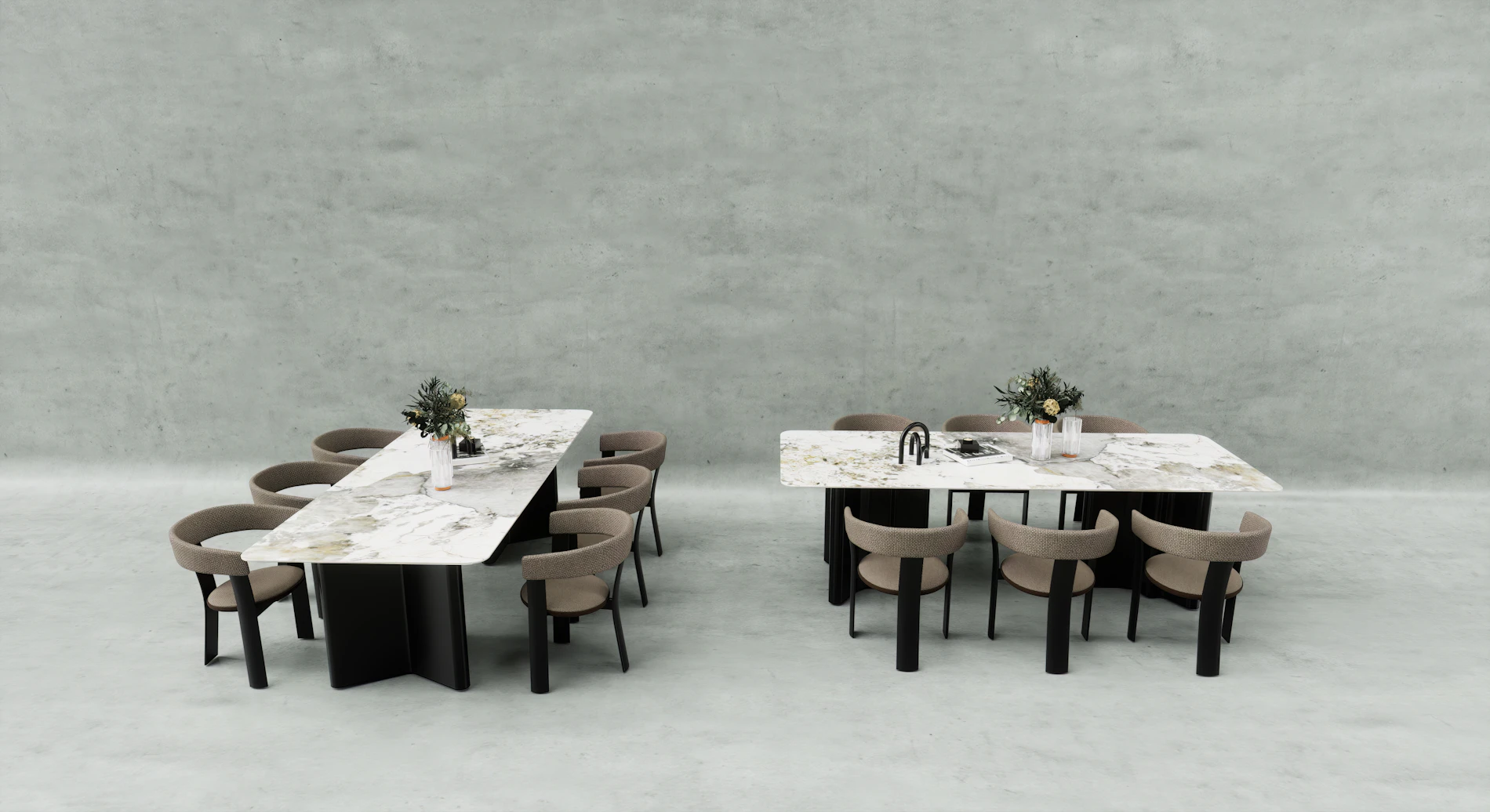 Two long marble tables with sculptural chairs in a bright, quiet room