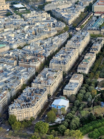 Aerial view of a densely built urban area featuring classic European architecture with multiple residential buildings. The buildings have uniform rooftops, primarily gray and beige, surrounded by streets lined with trees. Parks or green spaces are visible, adding a natural contrast to the urban landscape.
