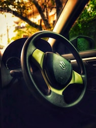 The image features the interior of a car with a close-up view of the steering wheel bearing a Suzuki logo. The background showcases a glimpse of the car's side mirror and the window, through which trees and a structure are visible outside.