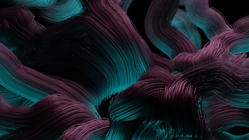 A digital abstract artwork featuring swirling and intertwining brushstrokes with a smooth texture. The strokes are predominantly in shades of teal and dark purple, creating a dynamic and fluid composition against a black background.