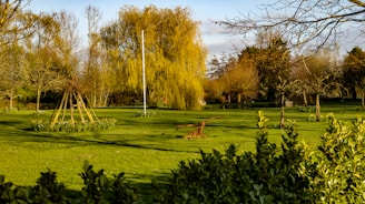 A sprawling garden landscape features lush green grass, bare trees, and a weeping willow. Wooden structures and an antique plow are situated on the lawn, surrounded by flower beds of budding plants ready for spring.
