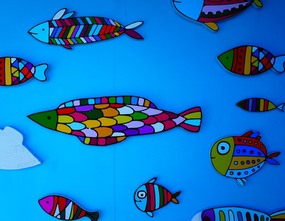 un groupe de poissons colorés sur un fond bleu