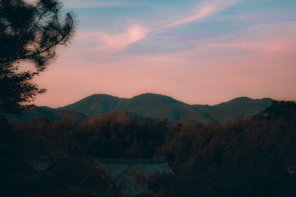 a pink and blue sky over a mountain range