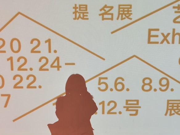 Silhouette of a person standing in front of a light background displaying text in multiple languages, including dates and terms related to exhibitions. The text is written in bold, prominent letters in orange color.