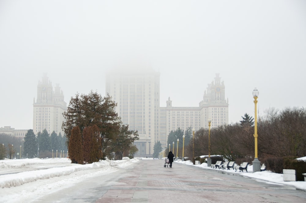 a person riding a bike down a snow covered road