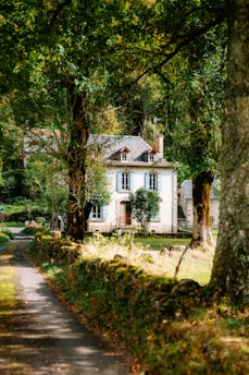 a white house surrounded by trees and grass