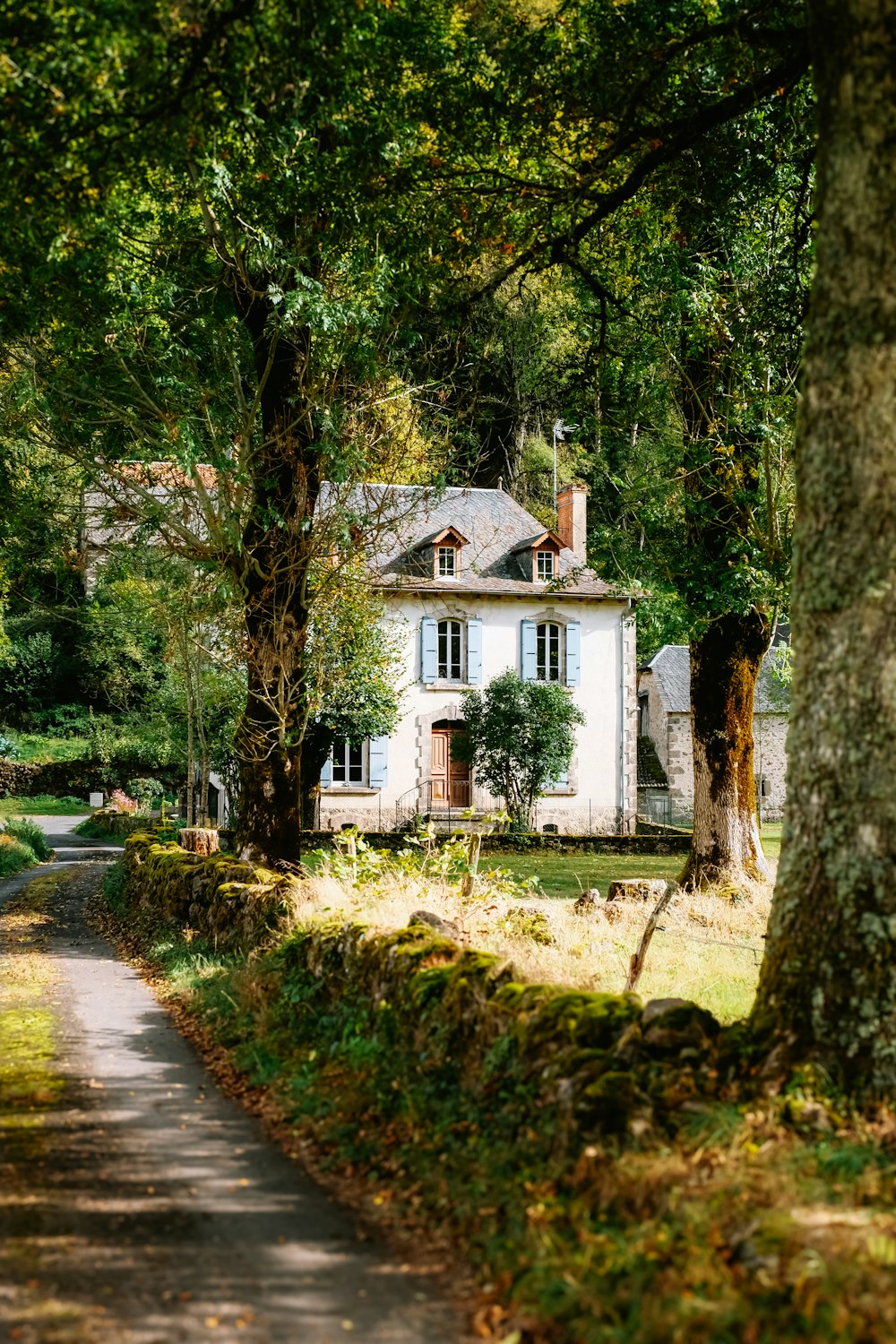 a white house surrounded by trees and grass