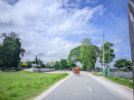 A rural road stretches ahead, lined with lush green trees on both sides. A cart is moving down the road, with vibrant fruit or goods stacked high on it. The sky is partly cloudy with patches of blue visible. There are utility poles and wires running along the right side of the road, and signs with writing are positioned near the roadside.