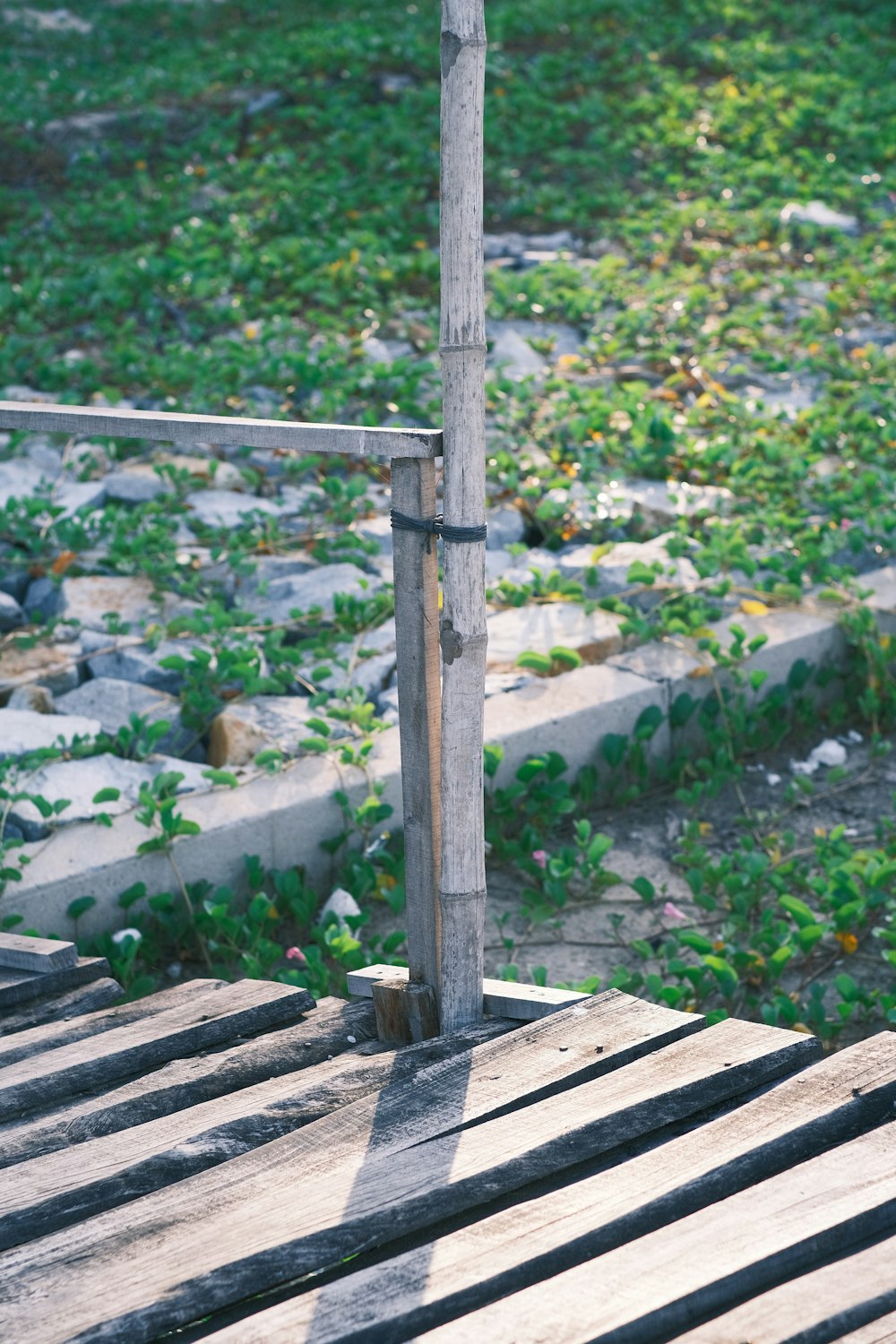 a wooden bench sitting on top of a lush green field