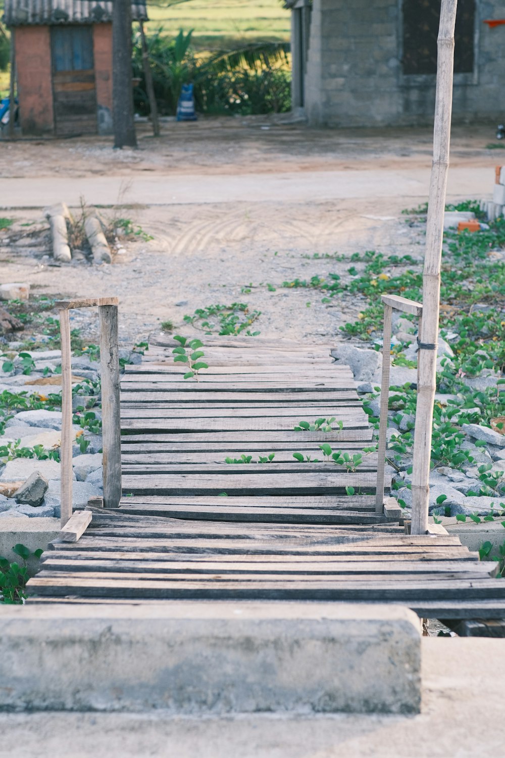 a set of wooden steps leading to a building