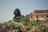 A picturesque view of a rustic Italian villa with a terracotta rooftop. Lush greenery and colorful flowers decorate the foreground, with a large tree rising prominently on a hill behind the house. The sky is clear and blue, adding to the serene atmosphere.