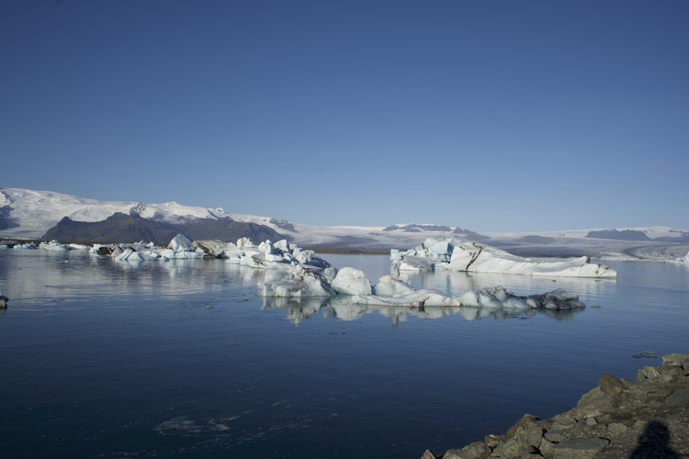 a large body of water with icebergs floating in it