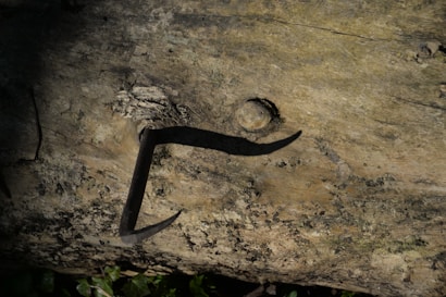 A sharp, dark metal hook embedded in a textured wooden surface with natural imperfections and knots. The wood has aged tones and patches of moss or lichen, giving it an earthy appearance. Shadows cast by the hook create contrasting shapes.