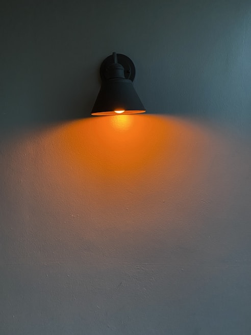 A sleek wall lamp casting a warm glow in a cozy hallway.