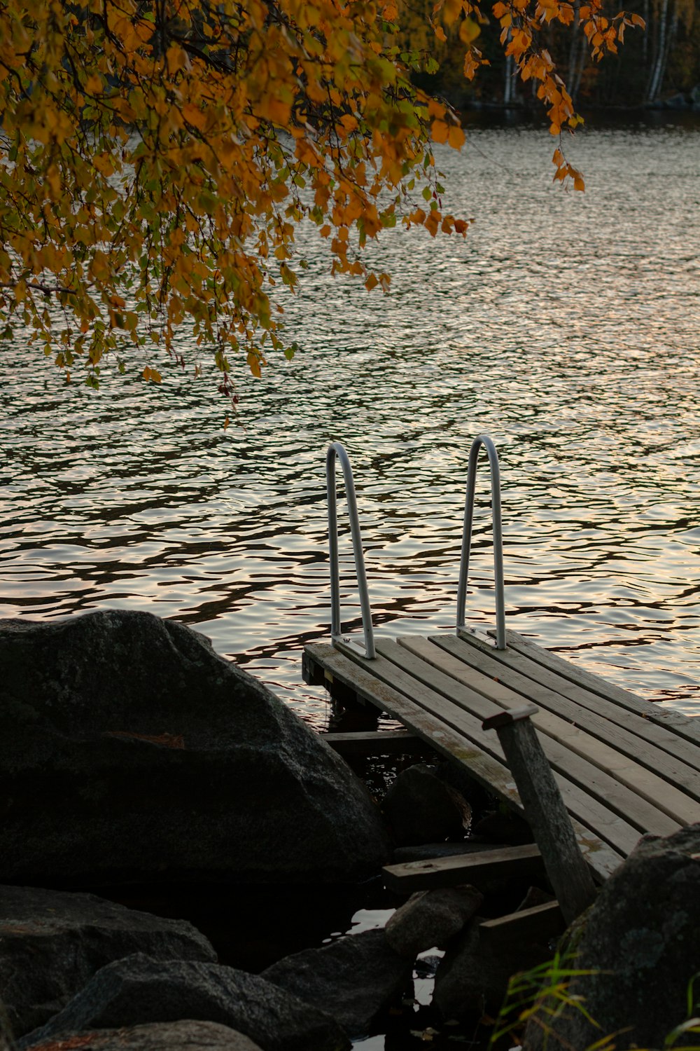 a wooden dock sitting next to a body of water