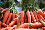 A large bundle of fresh, vibrant orange carrots with green tops, arranged in a pile. The carrots are tied together with blue rubber bands and appear freshly harvested.