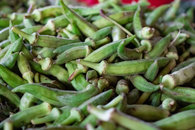 A close-up view of a pile of fresh green okra pods, displaying their unique ribbed texture and pointed tips. The okra is densely packed, creating an impression of abundance.