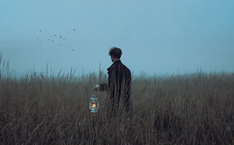 a man standing in a field holding a lantern