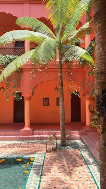 A bright, inviting Moroccan villa courtyard with lush greenery and traditional architecture.
