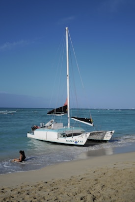 A catamaran named 'MANA KAI' is anchored close to a sandy beach with clear blue waters. The sky is clear and blue, adding to the serene setting. A person is sitting in the sand near the water’s edge, enjoying the beach.
