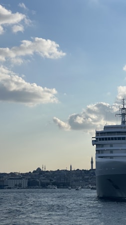 A large cruise ship is situated on the right side of the image, sailing through a body of water. In the background, a cityscape is visible with several minarets rising above the buildings, indicating a skyline that includes mosques. The sky is clear with some scattered clouds, and the overall lighting suggests it is either morning or late afternoon.
