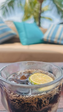 A close-up of a glass filled with a dark fizzy drink containing ice cubes and a slice of lime. In the background, there are blurred cushions in shades of blue and green, along with a glimpse of a palm tree, suggesting an outdoor setting.