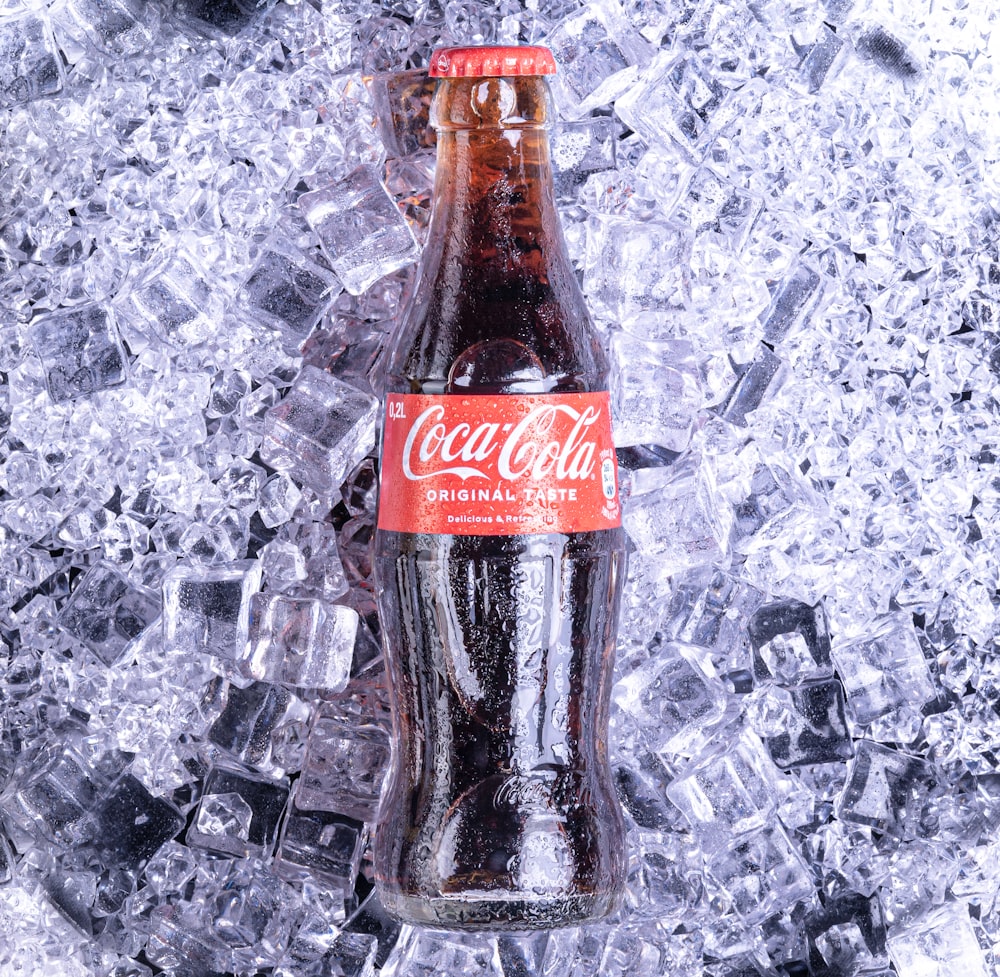 a bottle of coca cola sitting on top of ice