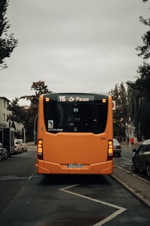 A large orange bus is stationed on a narrow city street. The bus displays route number 115 and the word 'Pause' on its digital sign. It is surrounded by a few cars parked along the tree-lined street under a gray, overcast sky.