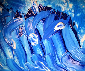 Detail of textured paint strokes creating a dynamic ocean wave.