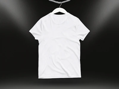 Close-up of a hand selecting a plain white t-shirt from a rack in a minimalist studio.